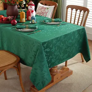 Rectangle Christmas Holiday Tablecloth Jacquard Fabric Table Cloth,Winter Holly Berry Leaf Pattern Spill-Proof Table Cover for Family Parties Dinner Decor