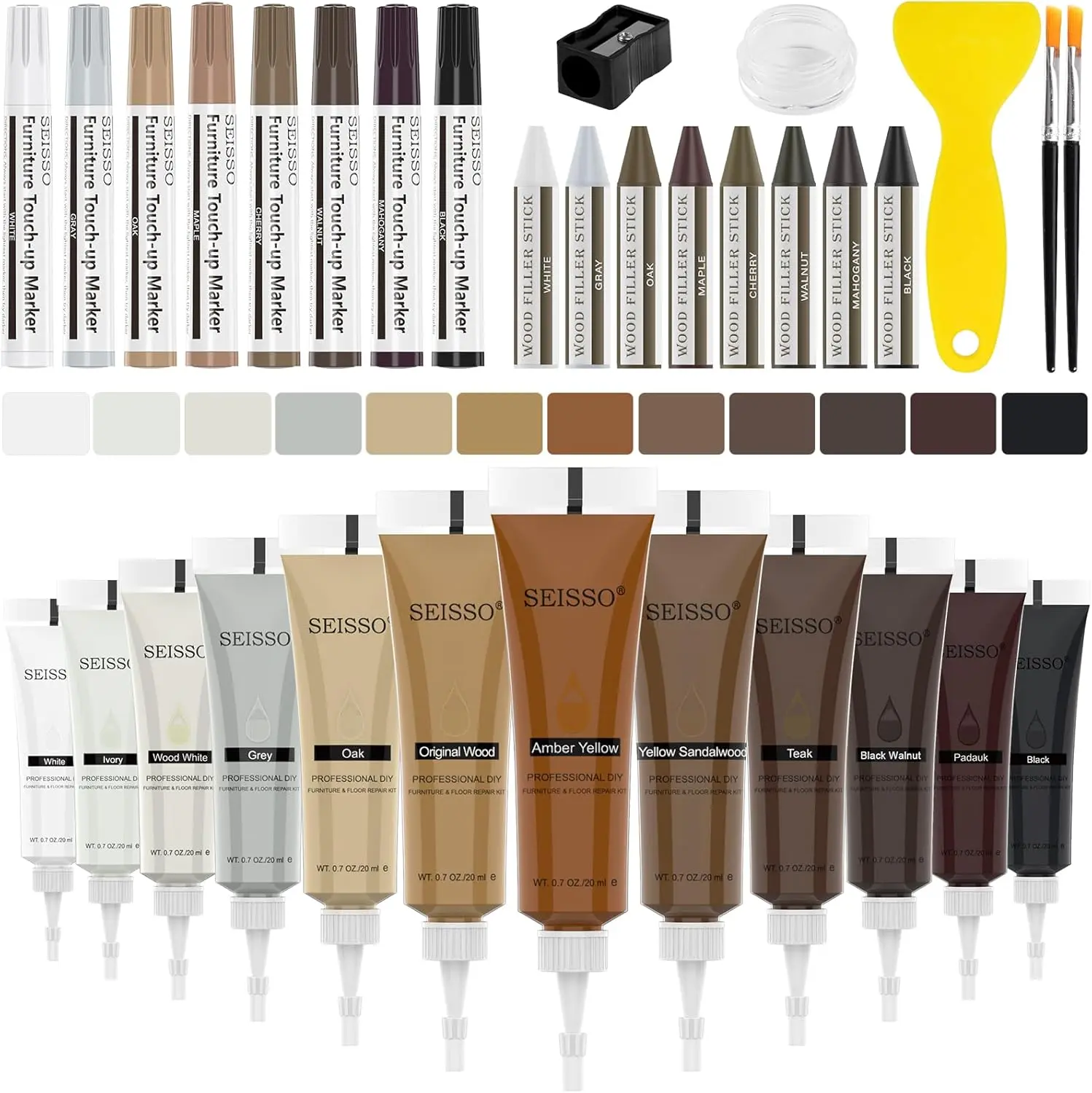 SEISSO Wood Furniture Repair Kit - 12 Wood Fillers, Hardwood Floor Scratch & Stain Markers, Wood Filler Sticks Restore Various Scratches, Discoloration, Stain, Hole for Wood Floor, Door, Cabinet