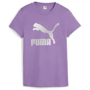 PUMA Womens Classics Shiny Logo Crew Neck Short Sleeve Casual Tops Casual - Purple