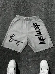 Men's Young Street Style Knit Shorts, Wind Simple Fun Letter and Star Print, Elastic Waist Drawstring Pockets, Casual Urban Fashion, Streetwear, Sportswear, Activewear, Menswear