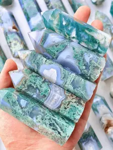 1pc Natural Moss Agate Crystal Wand Tower - Natural Marbled Green/Blue/White/Gray/Black/Teal Stone, Bohemian Six-Sided Single-Pointed Hexagonal Column for Meditation, Altar, Tabletop Display, Holiday Gift & Crystal Collection
