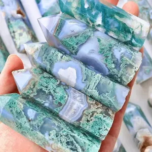1pc Natural Moss Agate Crystal Wand Tower - Natural Marbled Green/Blue/White/Gray/Black/Teal Stone, Bohemian Six-Sided Single-Pointed Hexagonal Column for Meditation, Altar, Tabletop Display, Holiday Gift & Crystal Collection