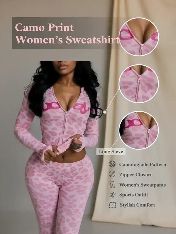 Women's Fall Sporty Hooded Long Sleeve Slim Fit Pants Set, Casual Two-Piece for Ladies, Animal Pattern Sportswear