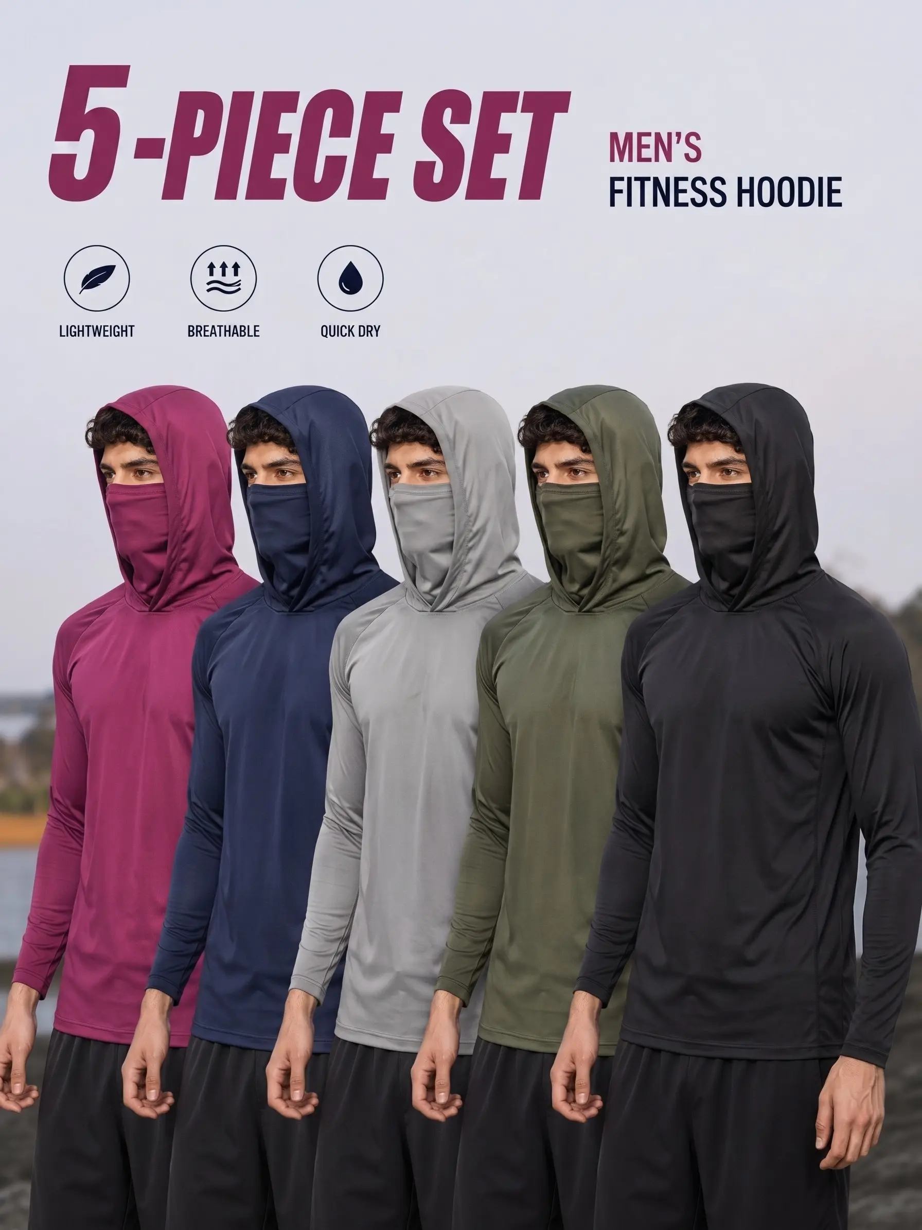 Men's 5 Pack Hooded Sun Protection Shirts with Built-In Neck Gaiter, Long Sleeve Fishing Shirts Lightweight Breathable Quick Dry Mesh Athletic Performance Running Hiking Gym Workout Hoodies, Sun Shirts for Men Casual Outdoor Sports Beach, S-2XL,sohochic