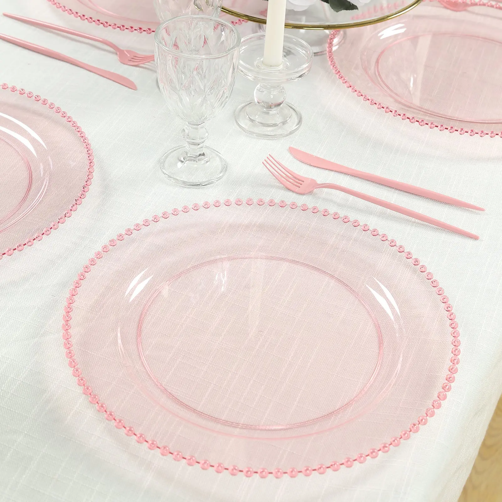 10-Pack Economy Round Plastic Charger Plates 13" in Transparent Blush with Beaded Rim, Stylish Dinner Party Serving Plates, Dining Plate Set, Elegant Plastic Plates