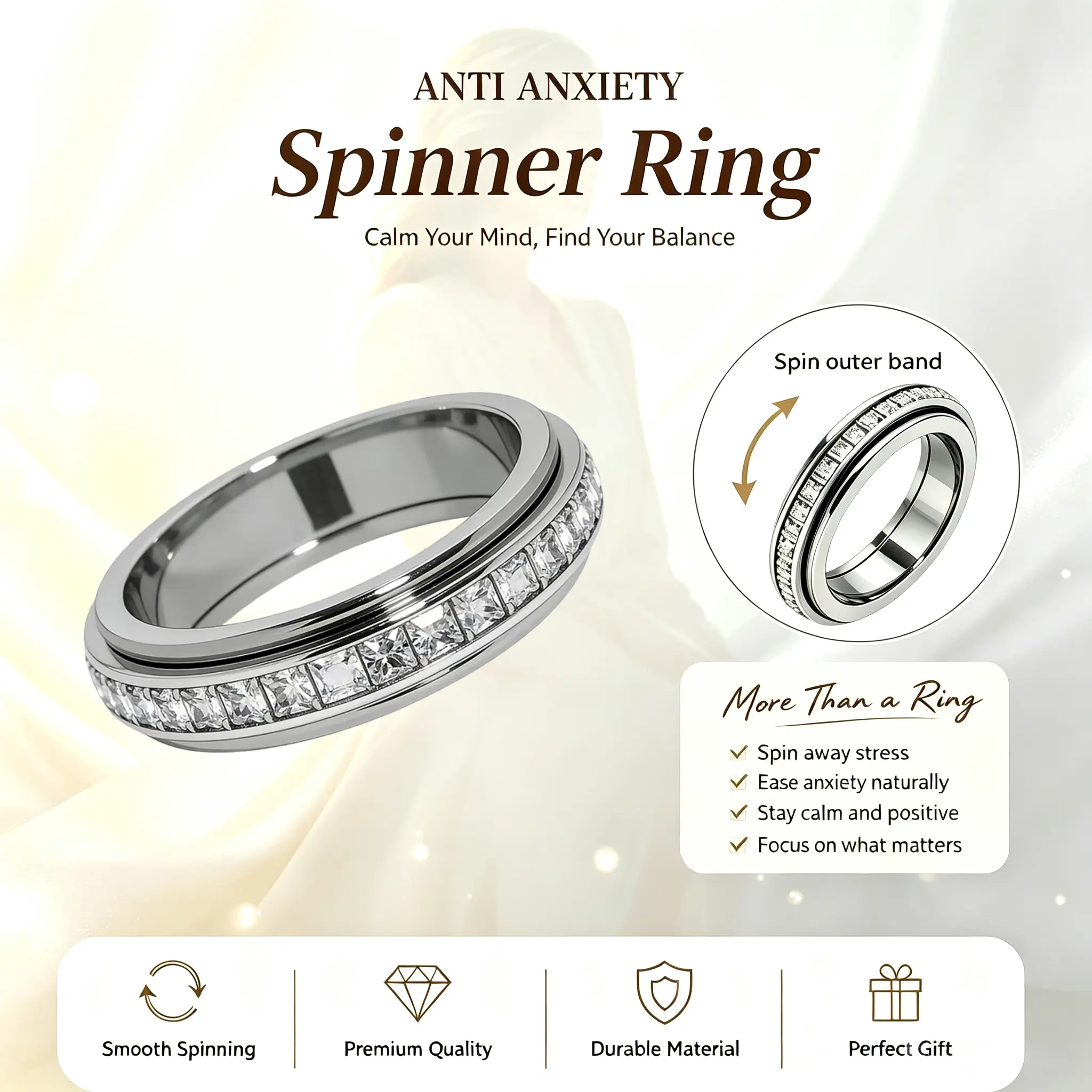 Unisex titanium steel stress-relief ring, rotatable fidget ring, ray design, engagement ring set with cubic zirconia inlay, helps relieve stress and relax the mind, may also improve luck, starry sky style couple’s ring, can be worn as a wedding band or pr