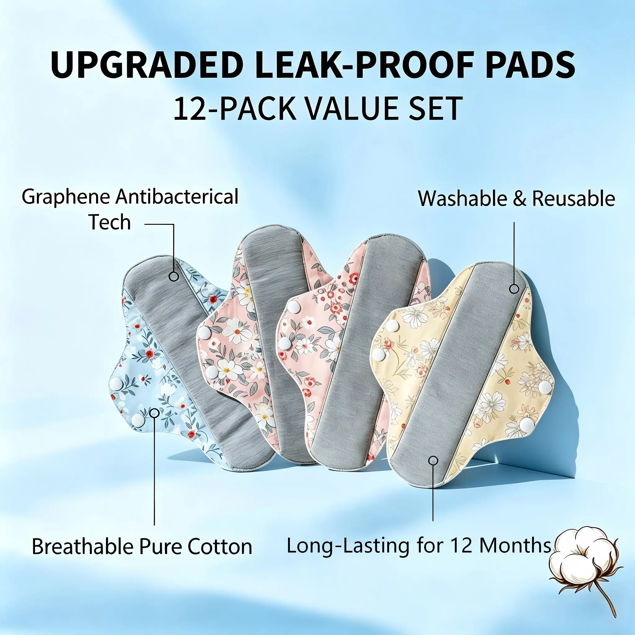 6/12 Pack Reusable Incontinence Pads for Women, Comfortable Organic Cotton Cloth Liners with Graphene, Super Absorbent for Postpartum & Light Bladder Leaks