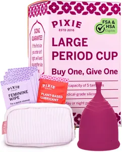 Pixie Menstrual Cup for Feminine Care - Ranked 1 for The Softest Reusable Period Cup - Wear 12 Hours - 100% Medical-Grade Silicone - Tampon Alternative (Large, Plum)