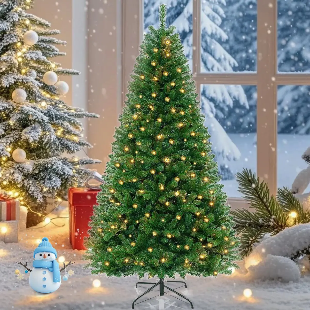 Pre-lit Artificial Christmas Tree with Branch Tips 200 Incandescent Lights for Home Office Party Green White Snow Flocked Design Diy Ornament Doorframe Ornament