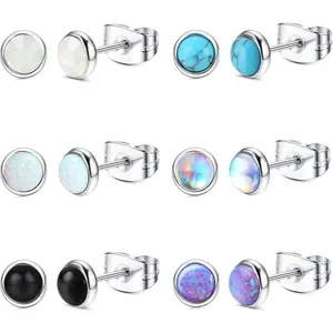 MILACOLATO 20G 4MM Hypoallergenic Studs Earring Set Moonstone/Turquoise/Round Stud Earrings Stainless Steel Stud Earrings for Women Men 6 Pairs