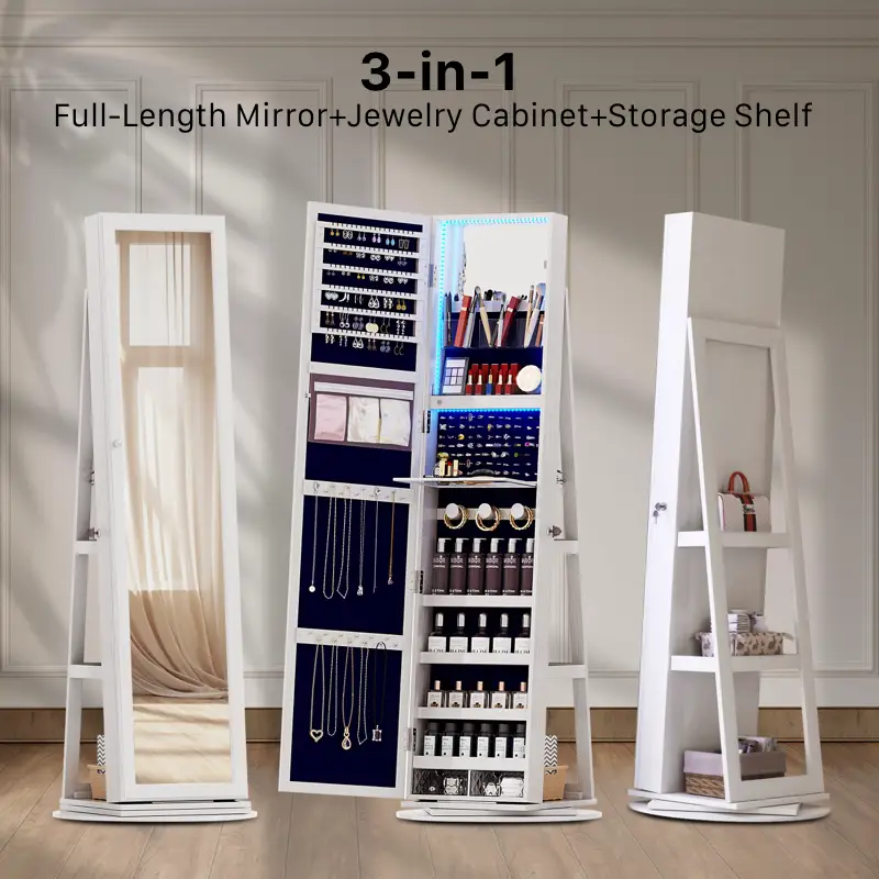 Miu LED Jewelry Armoire with 3-Color LED Lights, 360° Swivel Base, and Double Mirrors - Lockable Standing Jewelry Armoire