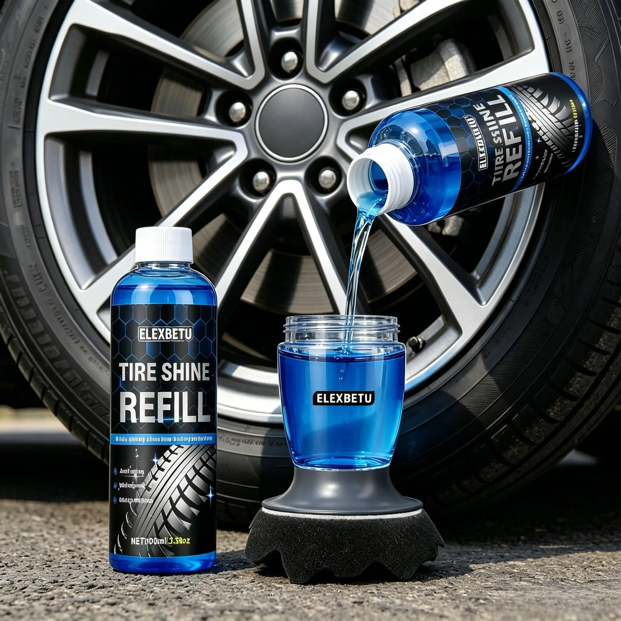 Tire Shine Applicator Tool with Foam - No Messy Hands, No Streaks, Self-Contained Design, Wavy Brush Head for DIY Car Detailing, Auto Detailers, Daily Drivers - 1-Coat Glossy Finish, Anti-Aging Rubber