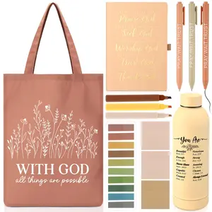 11 Pcs Christmas Bible Study Supplies Journaling Kit Women Christian Gift Leather Notebook Pen Canvas Tote Tumbler No Bleeding Highlighter for Pastor Wife Appreciation Thanksgiving(Brown)