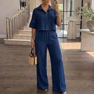 ChicMe Women's 2 Pieces Outfit Turn-down Collar Half Sleeve Button Front Top and Elastic Waist Wide Leg Pants Set Casual Contrast Stitching Commuting Set Loose Clothes
