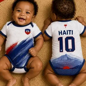 Custom Name Haiti Baby Soccer Bodysuit, Personalized Haiti Football Infant Jersey, Blue Red Haitian Flag Baby Clothes UUF CSY