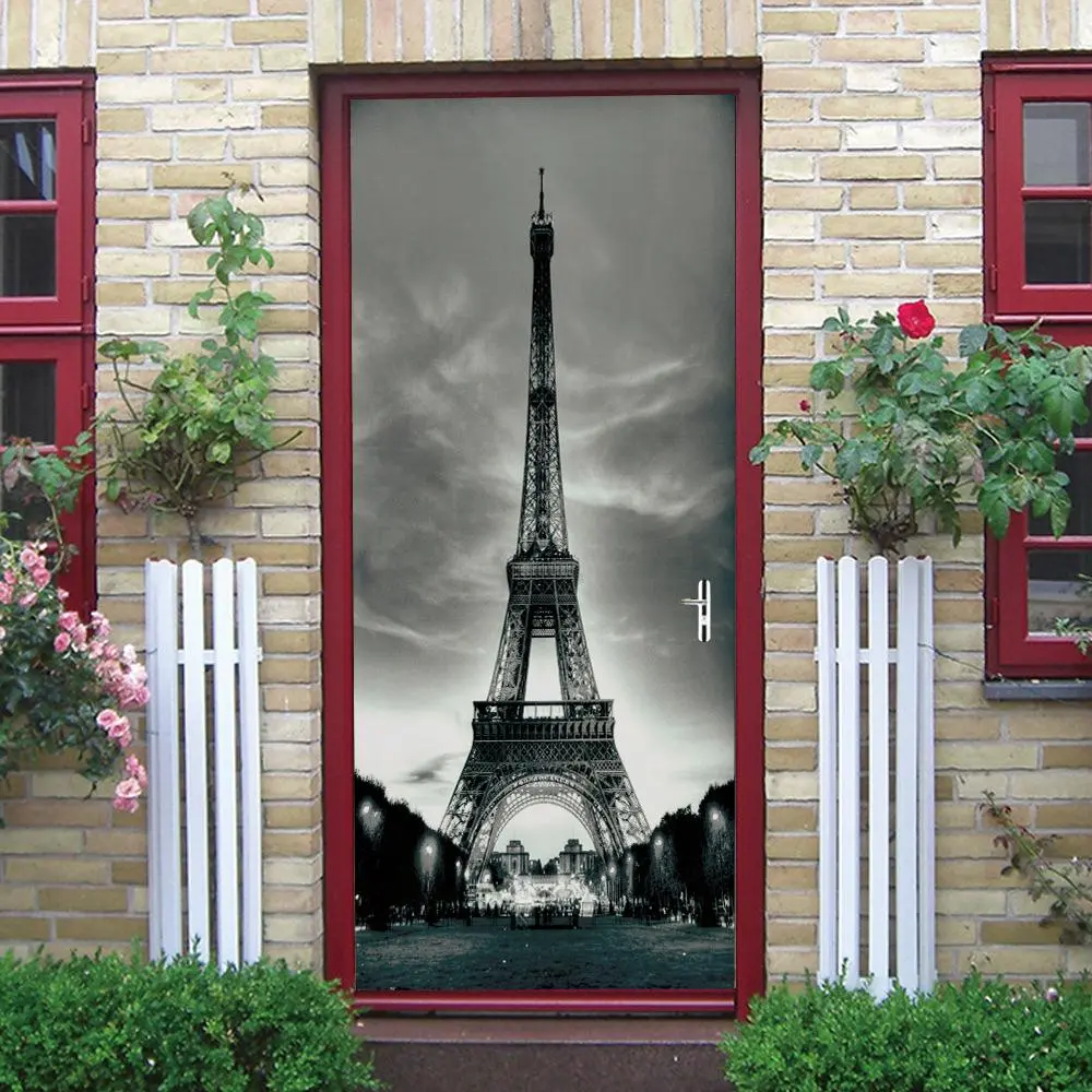 Eiffel Tower Pattern Door Sticker, 2 Sheets Removable Waterproof Door Sticker, Self-adhesive Wallpaper, Decorative Sticker for Home