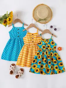Young Girls Sleeveless Cartoon Fruit Sakura Flower Print Patchwork Casual Dress Set, 3 Piece Summer