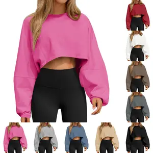 Beotyshow Womens Long Ballon Sleeve Sweatshirts Tops Cropped Crew Neck Loose Fit Casual Workout Shirts
