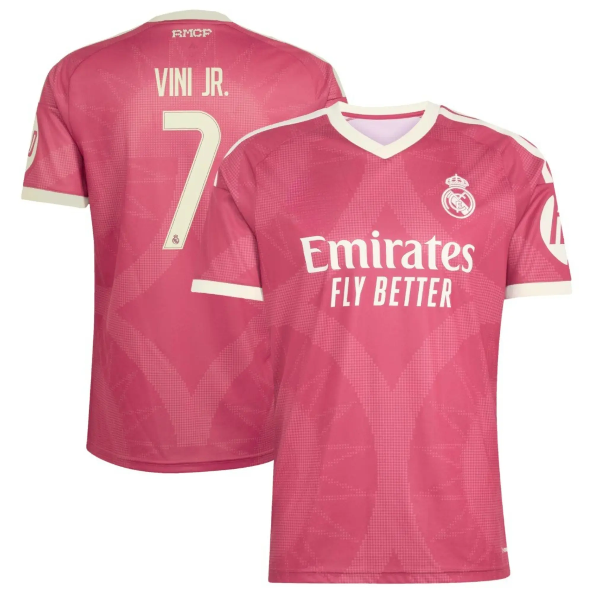 Madrid Pink No. 7 2026/2027 Soccer Jersey | Vini Jr. Name & Number Shirt | Men’s Short Sleeve Football Top | Cream Detail Match Day Fanwear