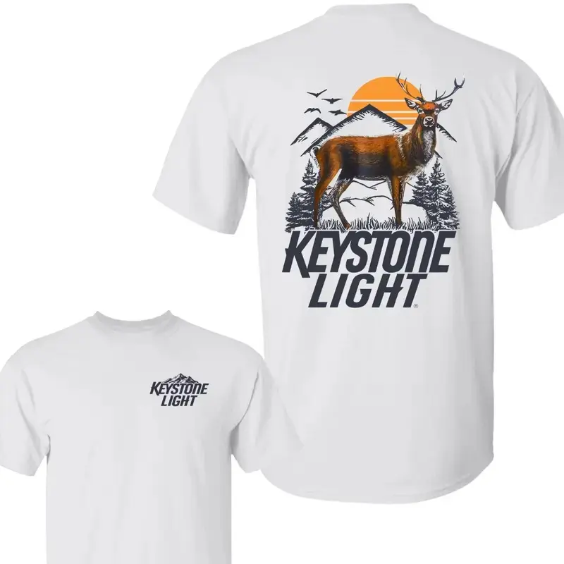 Keystone Light Short-Sleeve Casual Round Neck Menswear Streetwear T-Shirt, Nature-Inspired with Deer & Mountain, Ideal for Beer Lovers & Outdoor Enthusiasts, All Sizes, Shortsleeve, Top