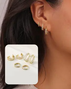 3-Pair Hoop Earrings Set, Different Sizes, Inlaid with Synthetic Moissanite, Fashion Jewelry for Women