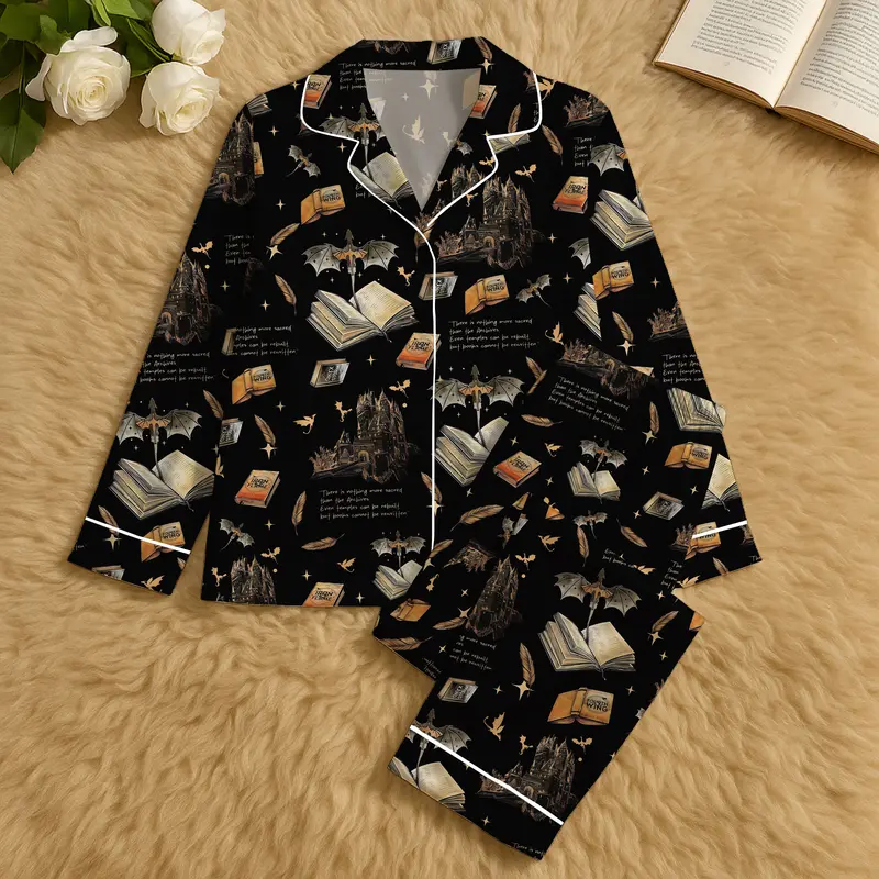 Women's Bookish Castle Print Pajama Set - Polyester, Cozy, Breathable, Adjustable-Style Fantasy Reader Sleepwear Gift for Book Lovers
