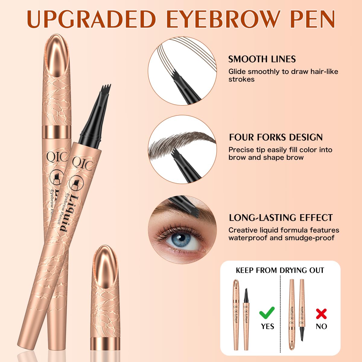 Eyebrow Pen, Contouring Pen Fine Stroke 3D Waterproof Microblading Eyebrow Pencil with 4-Fork-Tip Create Natural Hair-Like Brows Stay on All Day