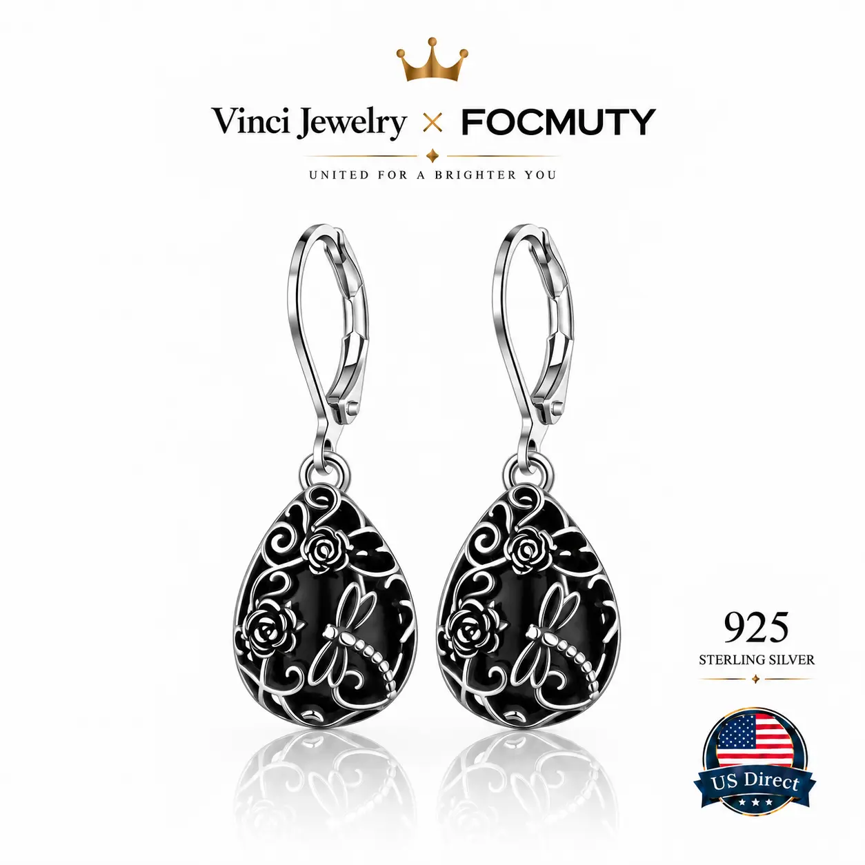 FOCMUTY 925 Sterling Silver Black Obsidian Teardrop Earrings with Dragonfly Design, Elegant Vintage, Hollow-out Flower for Women, Mystery and Protection Spiritual Healing Jewelry for Girls for Daliy Wear