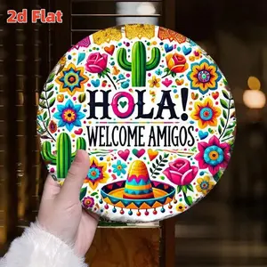 2D Flat "Mexican Style Welcome Sign" Traditional Painting Ceramic Door Sign/South American Home Entrance Decoration,.79x.79inch Aluminum Tin Sign, Suitable For Garden, Corridor, Restaurant, Bar, Coffee Shop, Garage, Home And Room Aesthetic Decoration, Dur