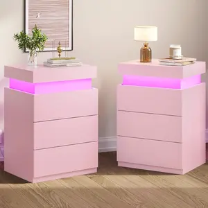 Sikaic LED Nightstand Set of 2 with Charging Station, Pink Bedside Tables with Drawers for Bedroom Furniture