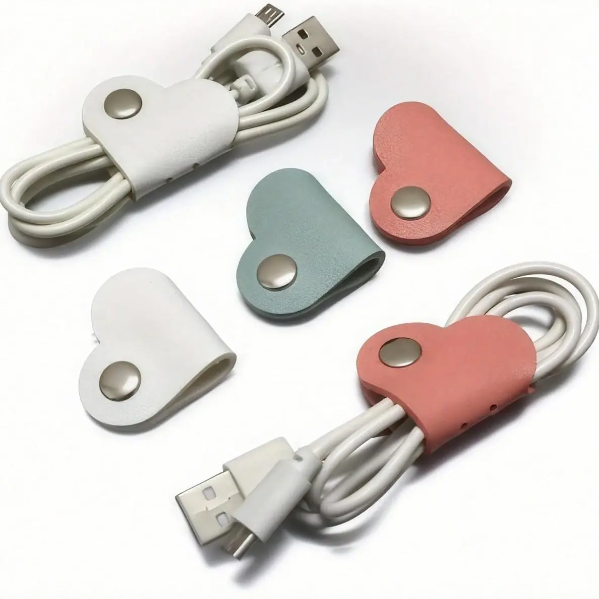 Heart-Shaped Faux Leather Cable Ties, Multi-Color Earphone & Data Line Organizer, No Battery Data Line Management Clips, Neutral Cable Holder Set, Cable Management Kit, Cord Organizer