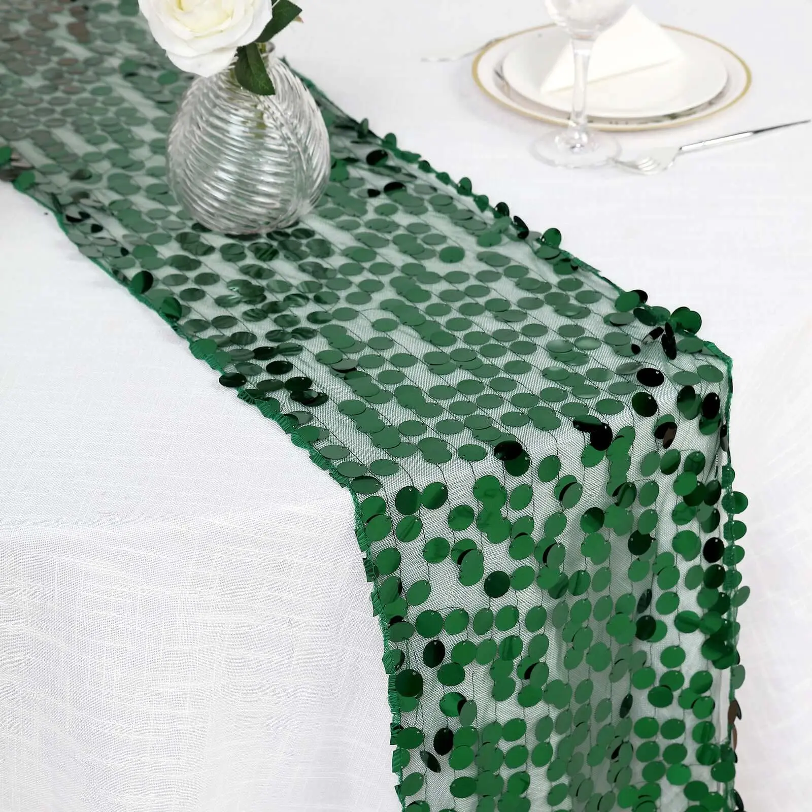 Big Payette Sequin Table Runner - 13"x108" Hunter Emerald Green Household Textile, Ideal for Wedding, Baby Shower, Anniversary, Corporate Events, Workshops