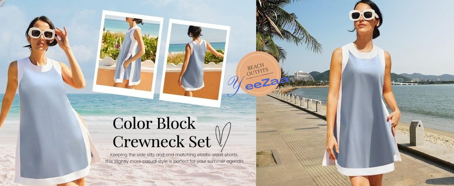 YeeZaa Color Block Matching Set for Women 2 Piece Sets 2026 Spring Summer Outfits Short Sleeve Pullover Top and Pocket Shorts Casual & Cute Colorblock Two Piece Sweatsuit SpringStatements