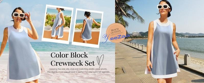 YeeZaa Color Block Matching Set for Women 2 Piece Sets 2026 Spring Summer Outfits Short Sleeve Pullover Top and Pocket Shorts Casual & Cute Colorblock Two Piece Sweatsuit