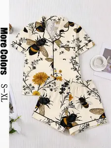Women's 2-Piece Bee Print Pajama Set, Short Sleeve Button-Down Shirt, Pocketed Elastic Waist Shorts, Soft Casual Spring Summer Sleepwear