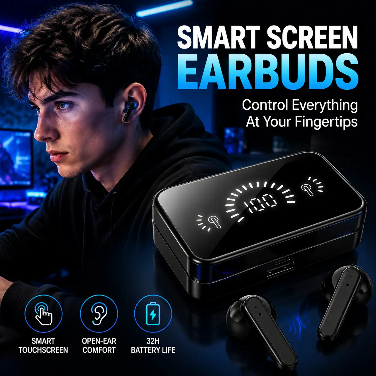 Smart Screen Earbuds with Mirror Display Case, Digital Battery Indicator, Portable Power Bank, HiFi Stereo Sound Wireless Bluetooth Earphones
