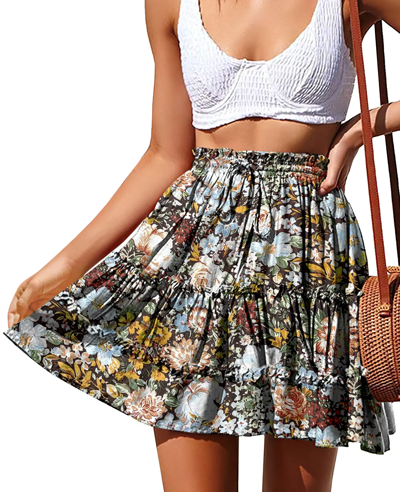 Women's Summer Boho Floral Print Mini Skirt High Waist Drawstring Tiered Skirts Womenswear Breathable Adjustable Flared Bohemian Fabric Pleated Ruffles Bottoms Polyester Short Clothes Summer Outfits campingessentials campingessentials