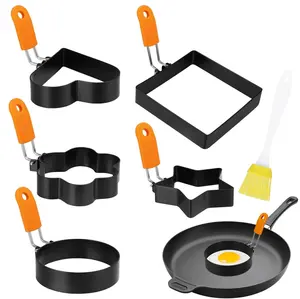 5 Pack Stainless Steel Egg Rings with Oil Brush Foldable Silicone Handles Nonstick Heart Round Star Flower Square Shapes for Creative Cooking