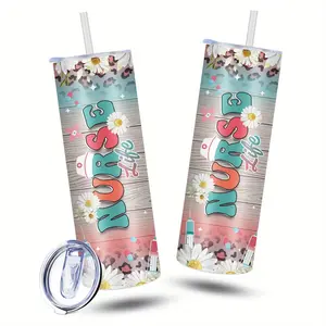 1pc 20oz Nurse-Themed Insulated Glass Cup with Lid - Medical Pattern (Daisies, Leopard Print, Stars) & "NURSE Life" Text, Hot/Cold Travel Mug for Coffee, Tea, Office, Car, Outdoor - Dishwasher Safe, Ideal Gift for Nurses