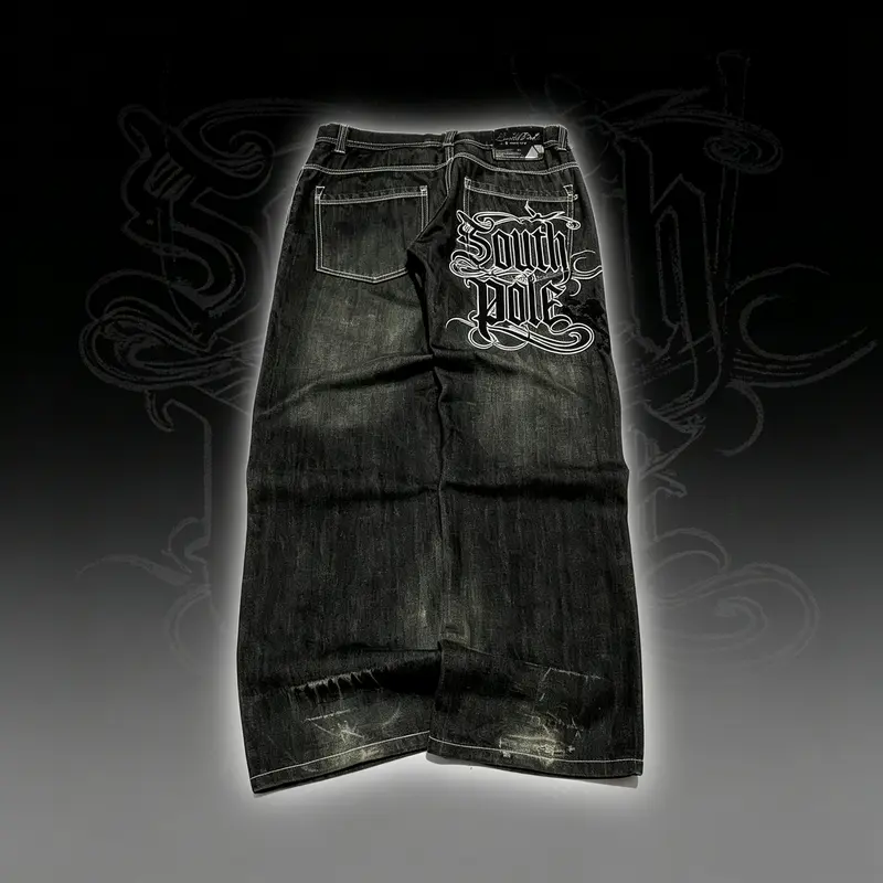 Women's Denim Embroidered Jeans Bottoms, Euro-American Hip-Hop Street Denim Style, Loose Cut Letter Print Wide-Leg Vintage Pants with Pockets