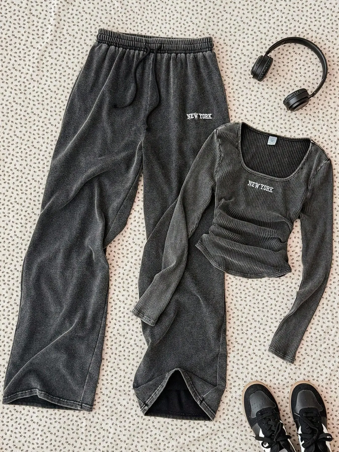 Teen Girls' Washed Charcoal Embroidered Long Sleeve Set, American Vintage Street Style, Ny Letter Patch, Drawstring Waist, Campus Wear
