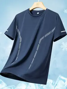 Men's Summer Ice Silk Quick-Dry Mesh Breathable Sports Short Sleeve T-Shirt, High Elastic Reflective Stripe, Outdoor Casual Wear