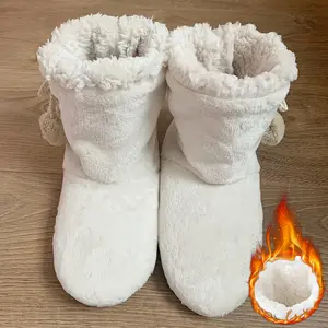 1 Pair Women Winter Warm Indoor Non-Slip Silent Mid-Calf Floor Socks Plush Ins Style Solid Color Soft Fleece-Lined Floor Shoes