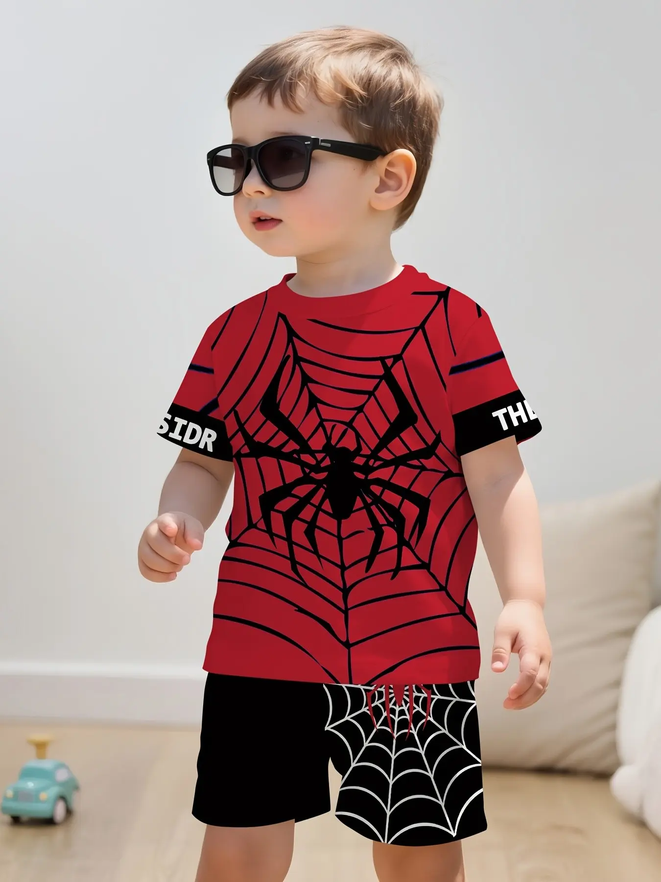 Boys Spider Hero Print Two-Piece Set, Web T-Shirt + Blue Shorts, Casual Loose-Fitting Suit for All Seasons, Cartoon Pattern, Matching Clothing Set, Matching Outfit, Clothes Kids, Matching Outfits Set, Summer Clothing Set