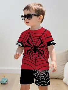 Boys Spider Hero Print Two-Piece Set, Web T-Shirt + Blue Shorts, Casual Loose-Fitting Suit for All Seasons, Cartoon Pattern, Matching Clothing Set, Matching Outfit