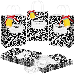 12/24/36 Pcs Back to School Gift Bags Composition Notebook Gift Bags with Pencil Labels Red Ribbon Tissue Handle Teacher Gifts Bag for Student Teacher Staff Treat Paper Bags for Classroom Office Supplies,Birthday Welcome First Day of School Gift