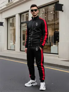 Men's Casual Sportswear Set, Long Sleeve Ribbed Cuff Cardigan & Drawstring Waist Pants, Striped Patchwork, Spring & Fall Outdoor Wear