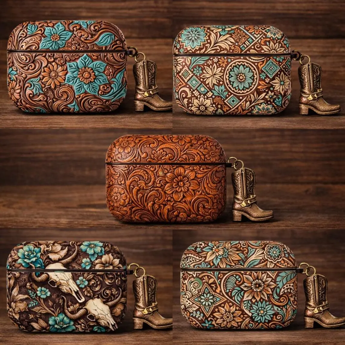 NO KEYCHAIN INCLUDED Long Horn Bull Skull Western Cowgirl Floral AirPods Case Collection, Turquoise Tooled Leather Print Style Cover for AirPods Gen 1 2 3 4 Gift