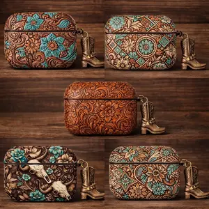 NO KEYCHAIN INCLUDED Long Horn Bull Skull Western Cowgirl Floral AirPods Case Collection, Turquoise Tooled Leather Print Style Cover for AirPods Gen 1 2 3 4 Gift