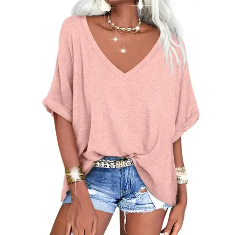 PiePieBuy Women's Summer Essential Oversized V-Neck Short Sleeve Loose Tee - Elastic Fabric, Light Batwing, Breathable, Everyday Wear, Party, Zip, Casual Outfits Compatibility, Loose Lightweight Breathable Women's T-Shirts